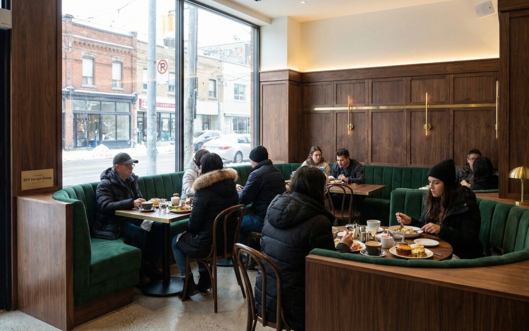 restaurant banquette seating toronto with custom upholstered banquettes and millwork by RFP Design Group