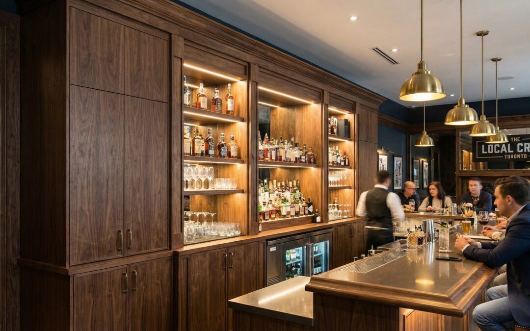 custom millwork toronto bar millwork with integrated shelving and premium wood veneer