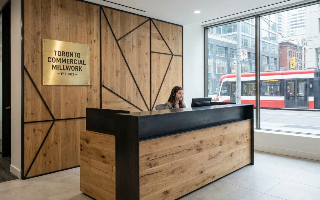 Crafted reception desk and wall paneling for commercial millwork toronto installation