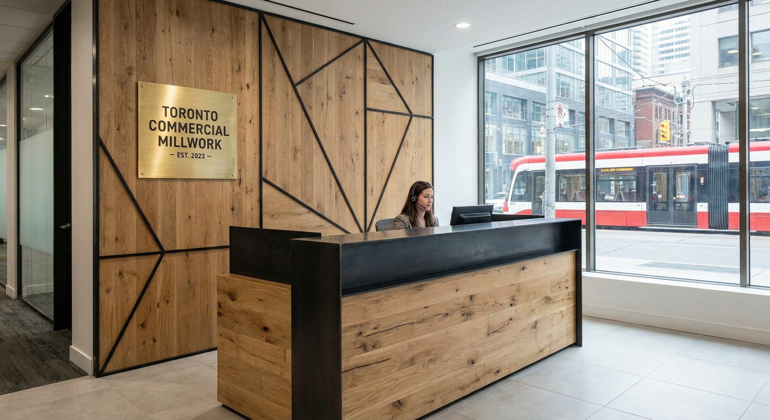 The Essential Guide to Precision Custom Millwork for Toronto Interiors Crafted reception desk and wall paneling for commercial millwork toronto installation