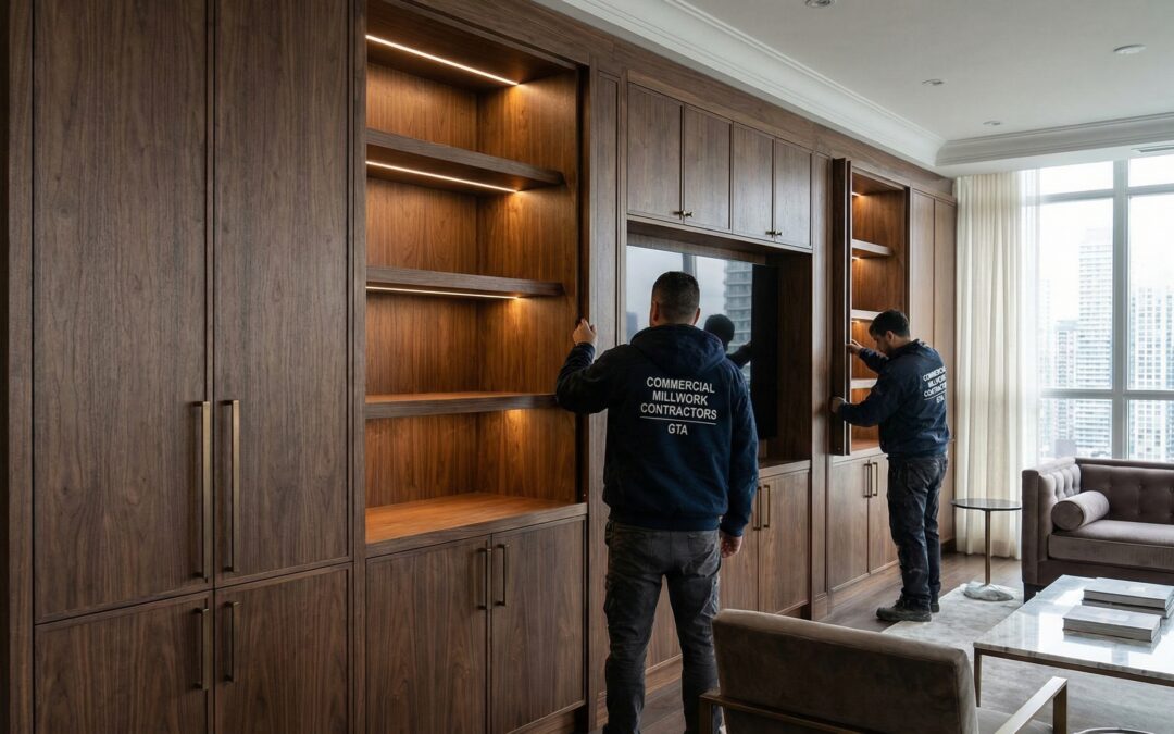 Custom built-in cabinetry installed by commercial millwork contractors gta in a Toronto interior with integrated lighting and premium finishes