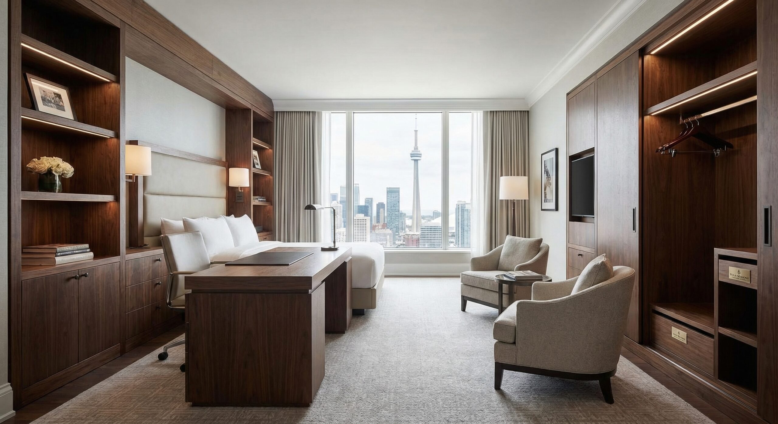 Hospitality millwork and built-ins by luxury hotel furniture suppliers for a Toronto hotel suite