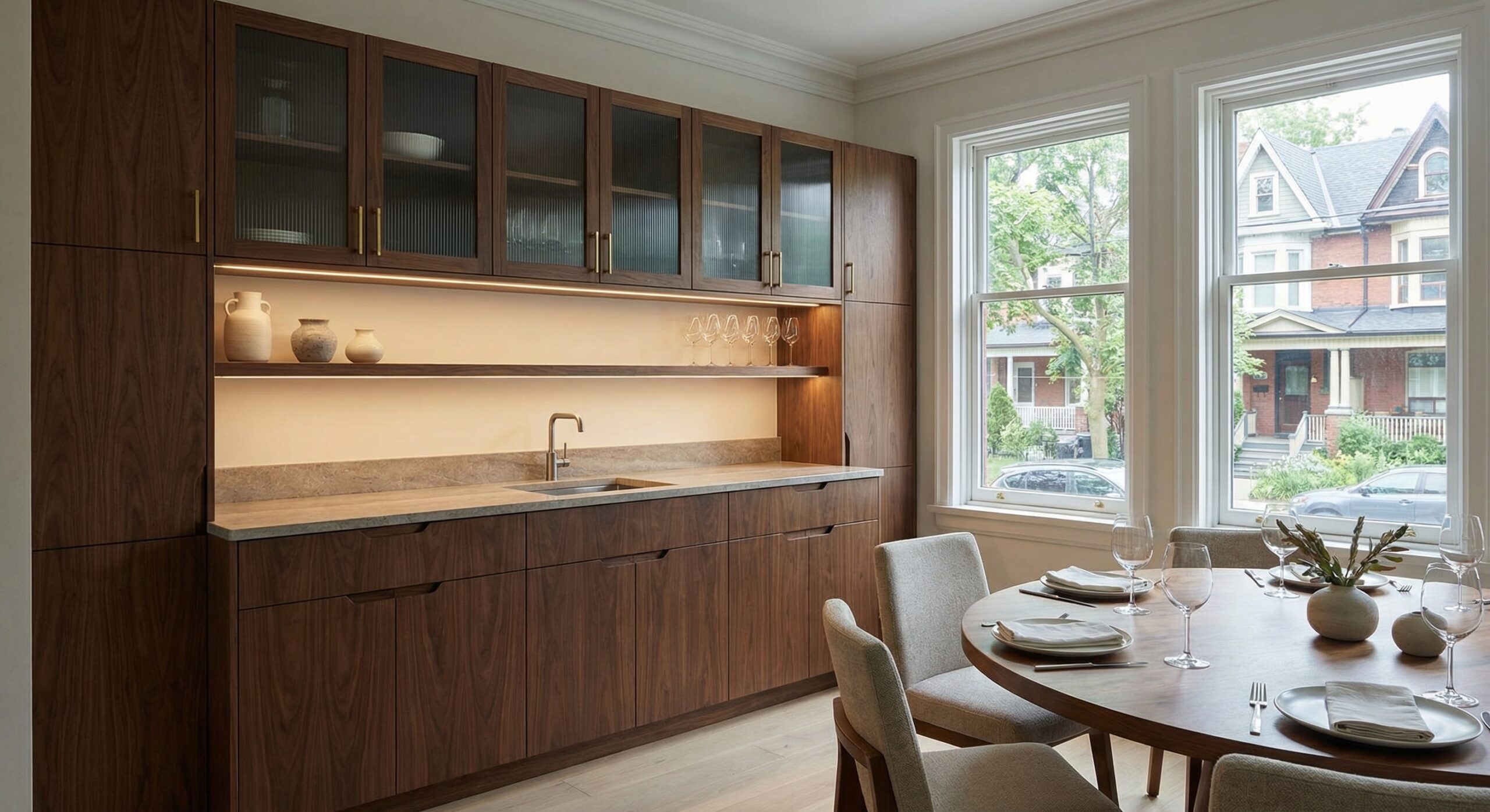 trapezi private dining-inspired custom built-in cabinets designed for a Toronto home with flush millwork details
