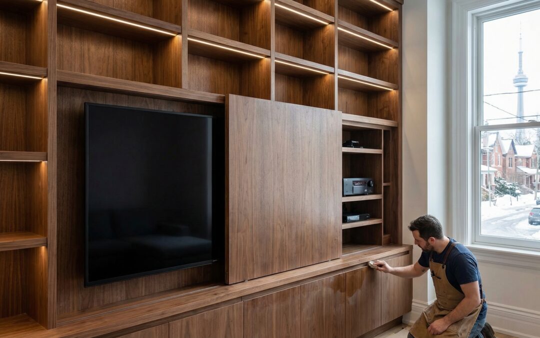 custom furniture fabrication toronto with precision built-in shelving and concealed media wiring in a Toronto home