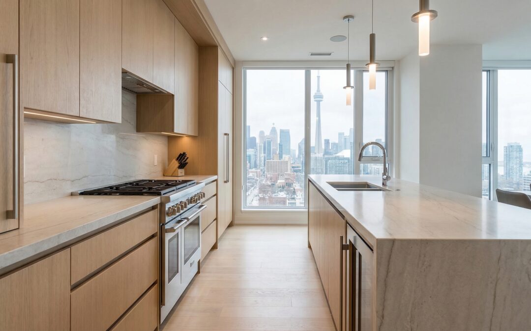 luxury kitchen cabinetry toronto with white oak veneer millwork, quartzite counters, and precision-fitted custom cabinetry