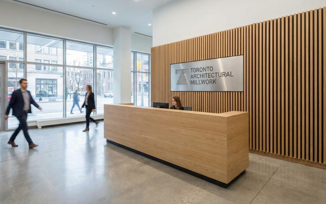 architectural millwork toronto reception desk and wall paneling installed in a modern commercial lobby