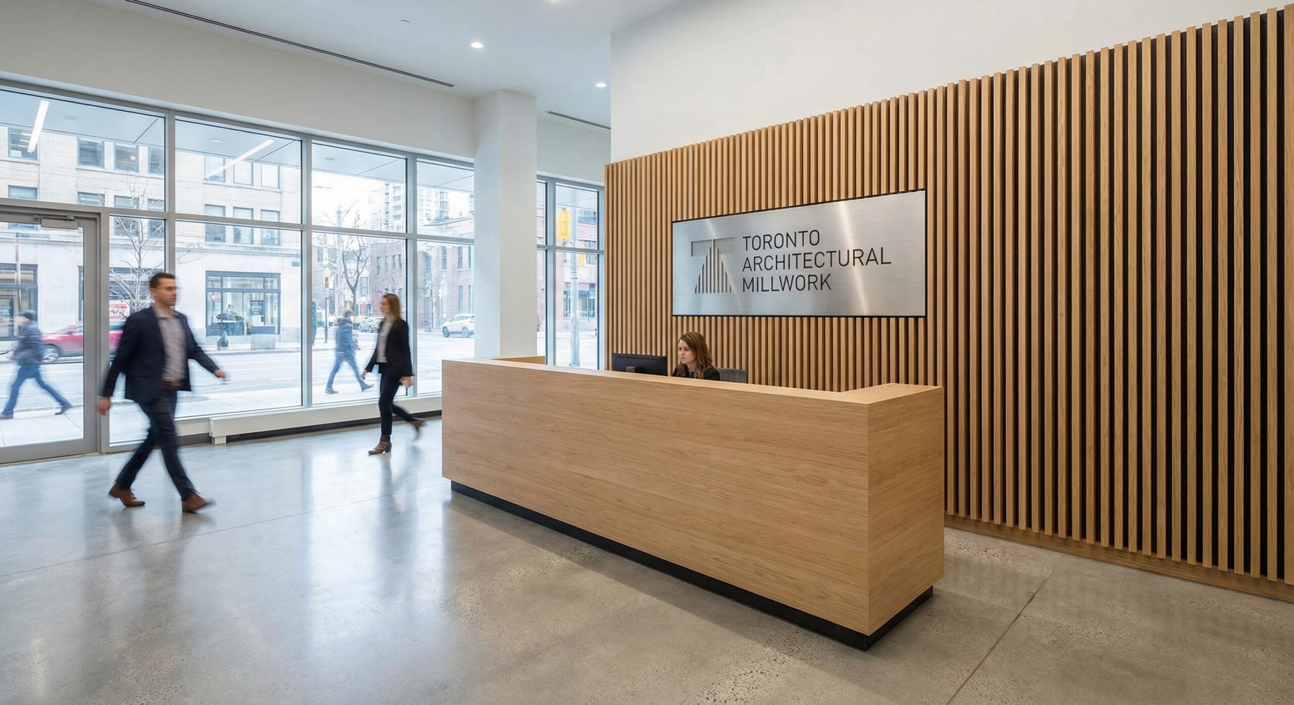 Precision Custom Commercial Millwork for Toronto Business Interiors architectural millwork toronto reception desk and wall paneling installed in a modern commercial lobby