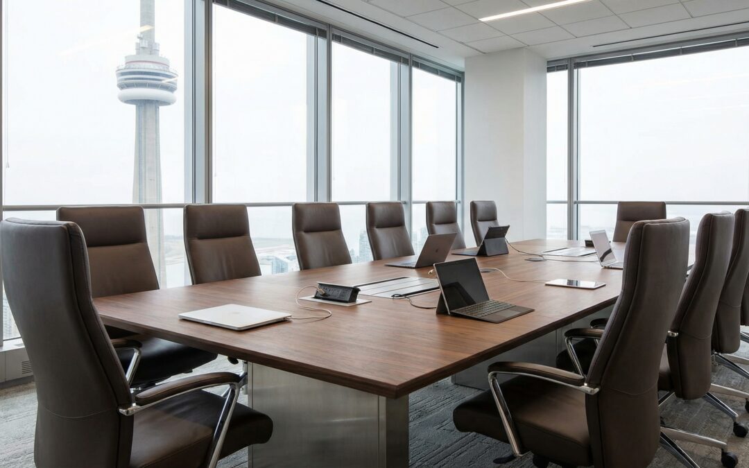 custom boardroom tables toronto with integrated power and cable management in a modern Toronto office