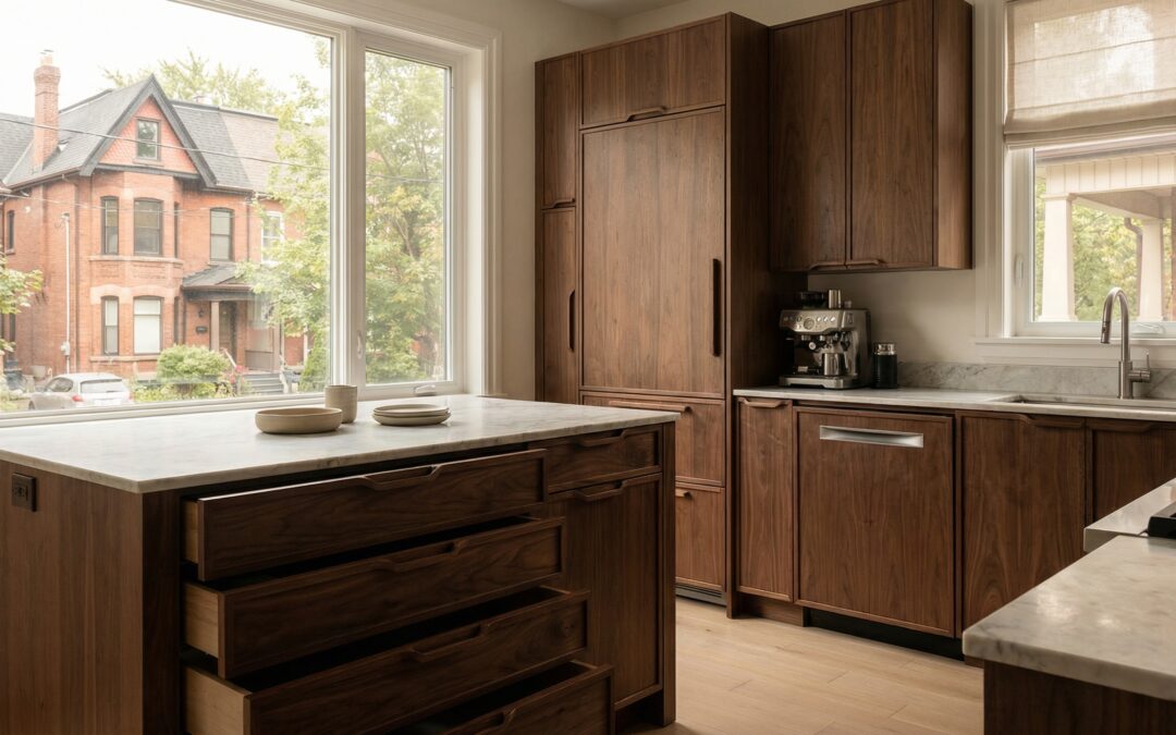 architectural millwork custom kitchen cabinets installed in a Toronto home with integrated appliances and soft-close hardware