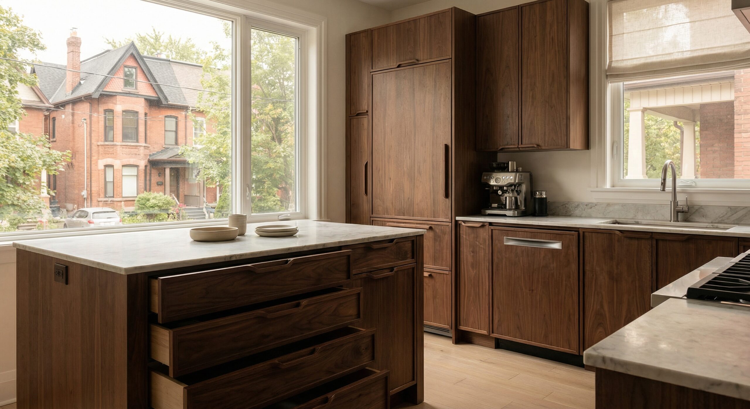 High-End Custom Kitchen Cabinets for Toronto Homes architectural millwork custom kitchen cabinets installed in a Toronto home with integrated appliances and soft-close hardware