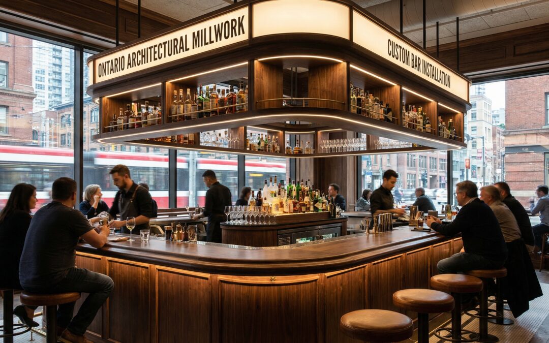 architectural millwork ontario installed in a Toronto commercial interior with custom bar millwork and integrated lighting