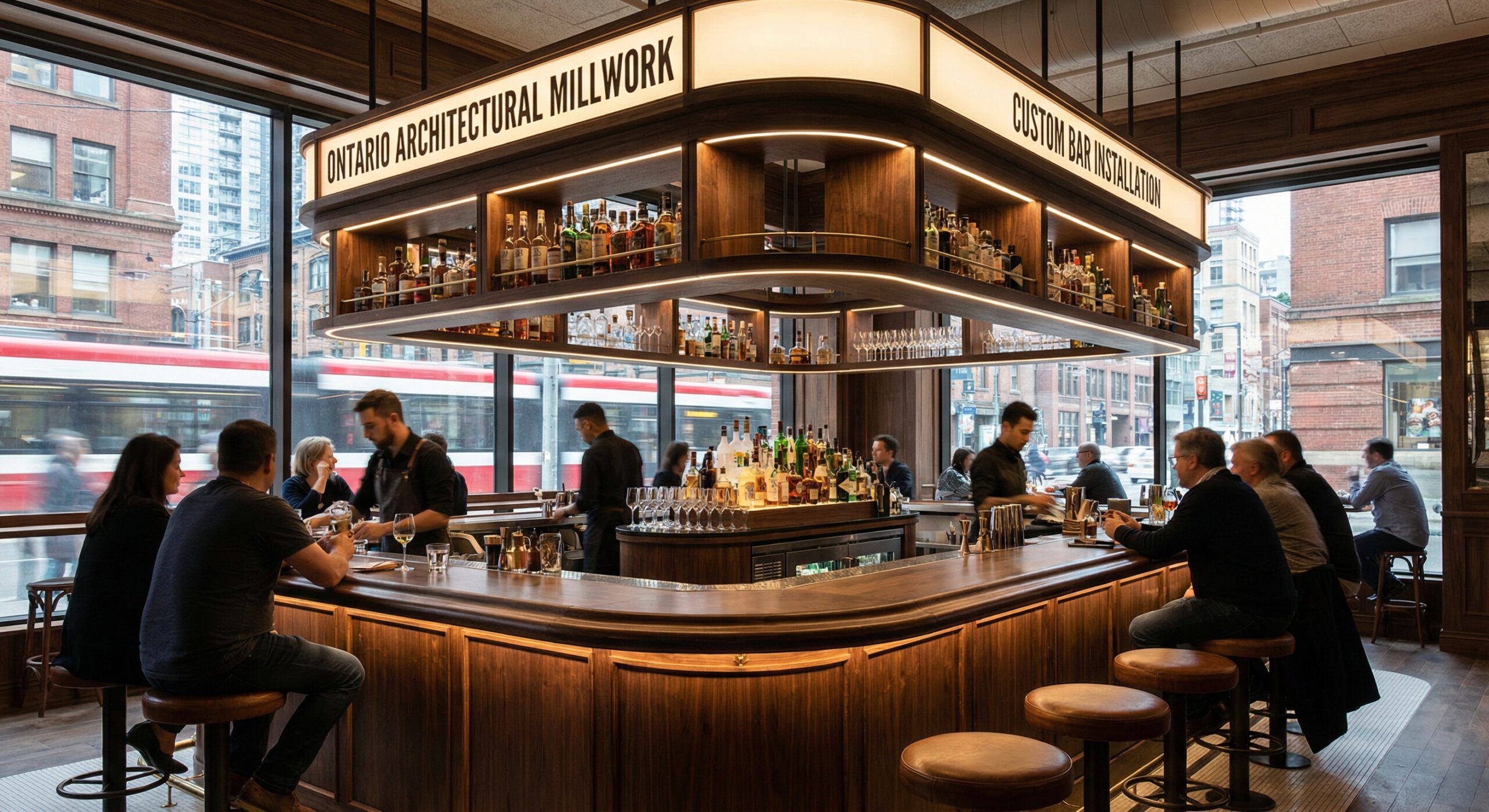 Precision Toronto Custom Millwork for Residential and Commercial Spaces architectural millwork ontario installed in a Toronto commercial interior with custom bar millwork and integrated lighting