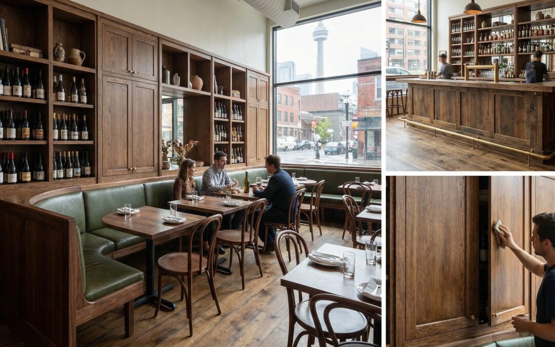 custom restaurant furniture with integrated millwork cabinetry and hand-finished woodwork in Toronto