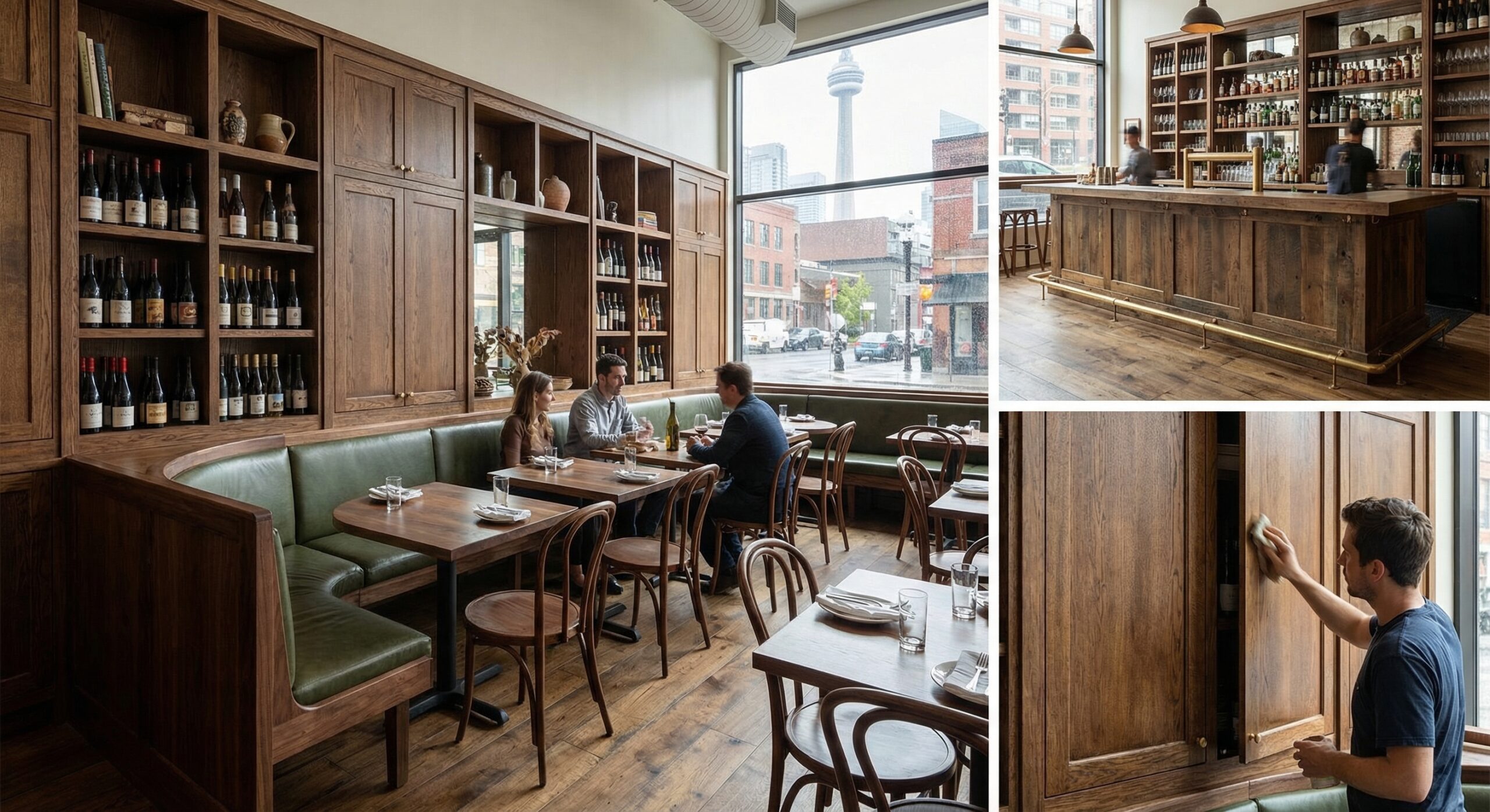 Trending custom restaurant furniture with integrated millwork cabinetry and hand-finished woodwork in Toronto