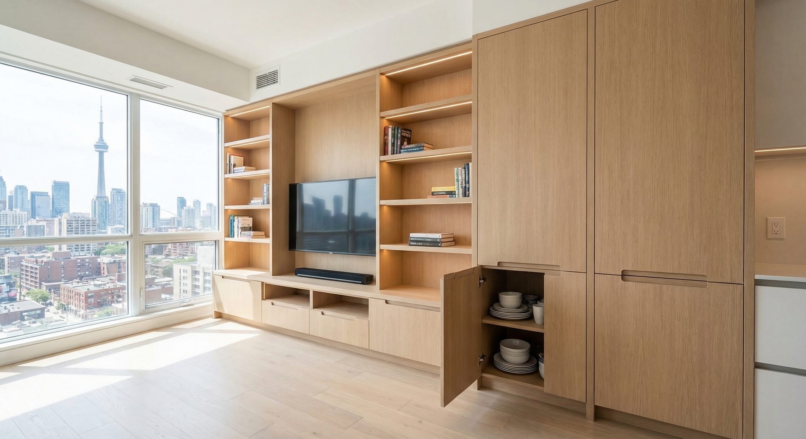 Precision Custom Millwork in Toronto: Furniture and Fixtures Built to Fit Custom millwork furniture and fixtures installed in a Toronto condo with built-in storage and soft-close cabinetry