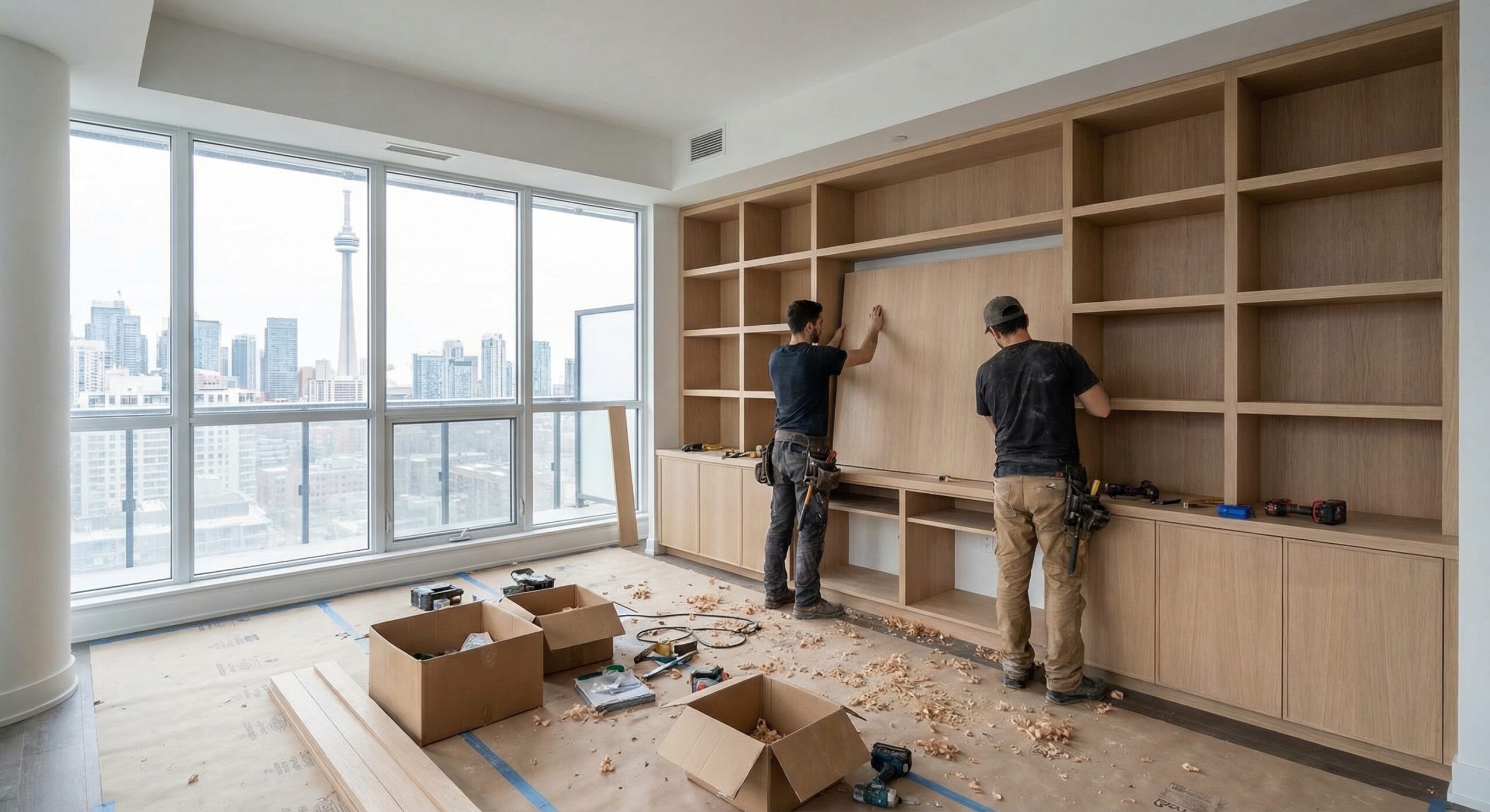 Precision Custom Millwork for Toronto Properties (Designed to Fit, Built to Last) furniture fixture built-in millwork installation in a Toronto condo with white oak cabinetry