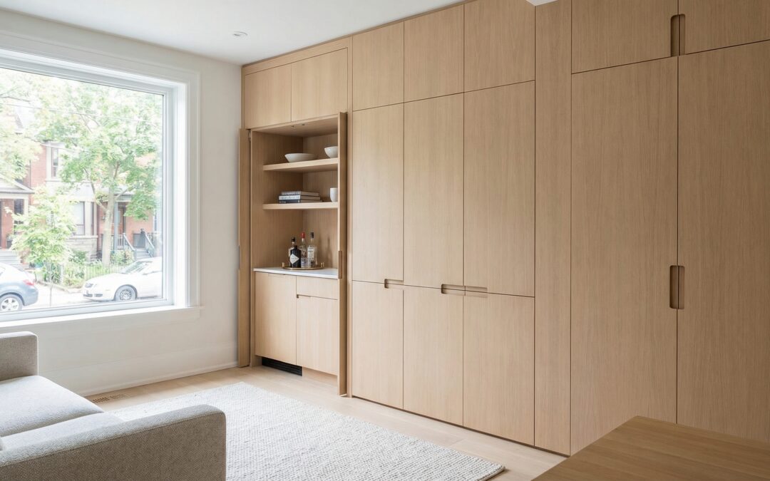 bespoke cabinetry toronto with custom white oak millwork, flush panels, and integrated storage in a Toronto interior
