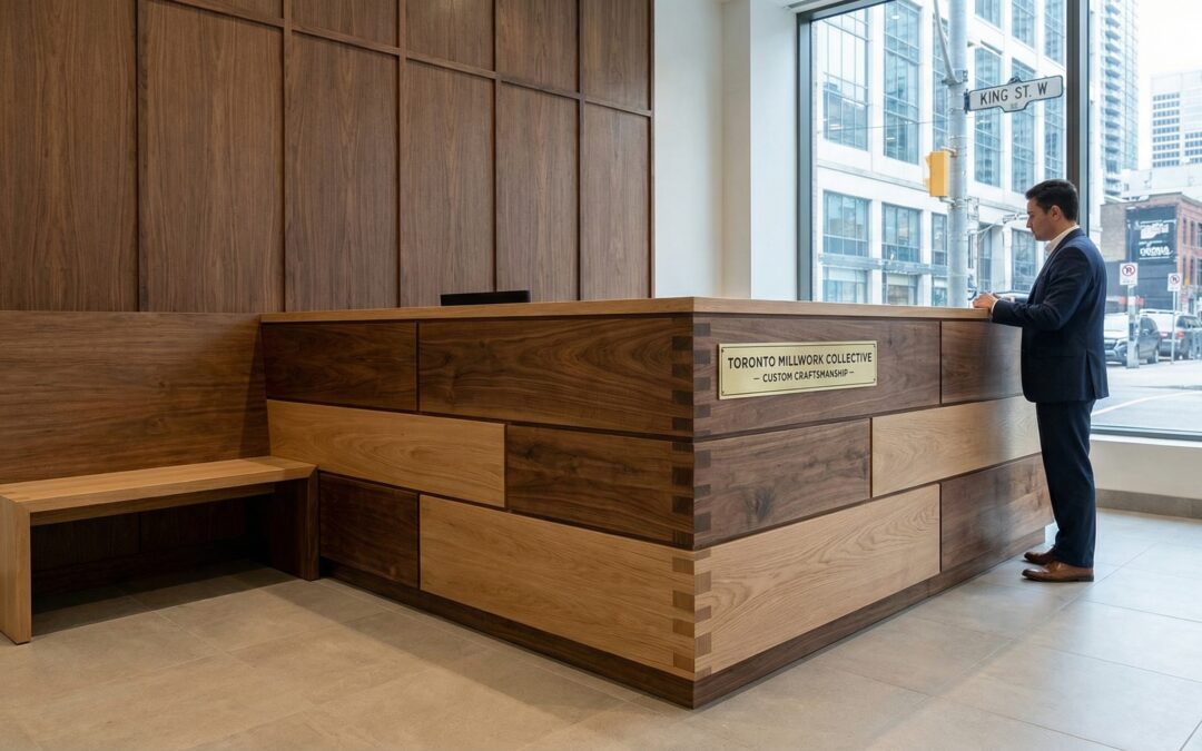 Custom millwork detail in Toronto featuring commercial millwork companies craftsmanship in walnut and white oak