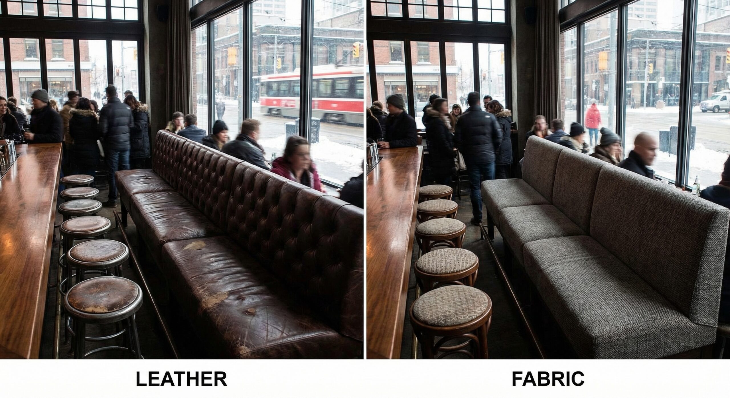 leather vs fabric upholstery comparison for banquettes and bar stools in a Toronto hospitality space