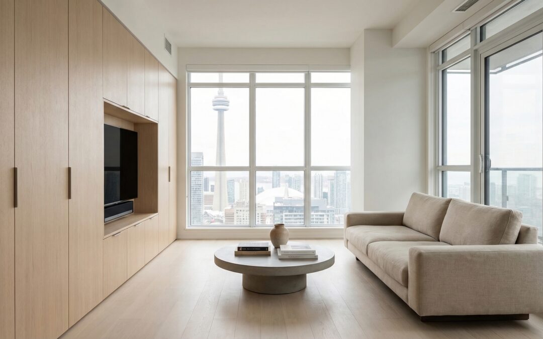 Minimalist furniture ideas in a Toronto condo with custom white oak built-ins and hidden storage