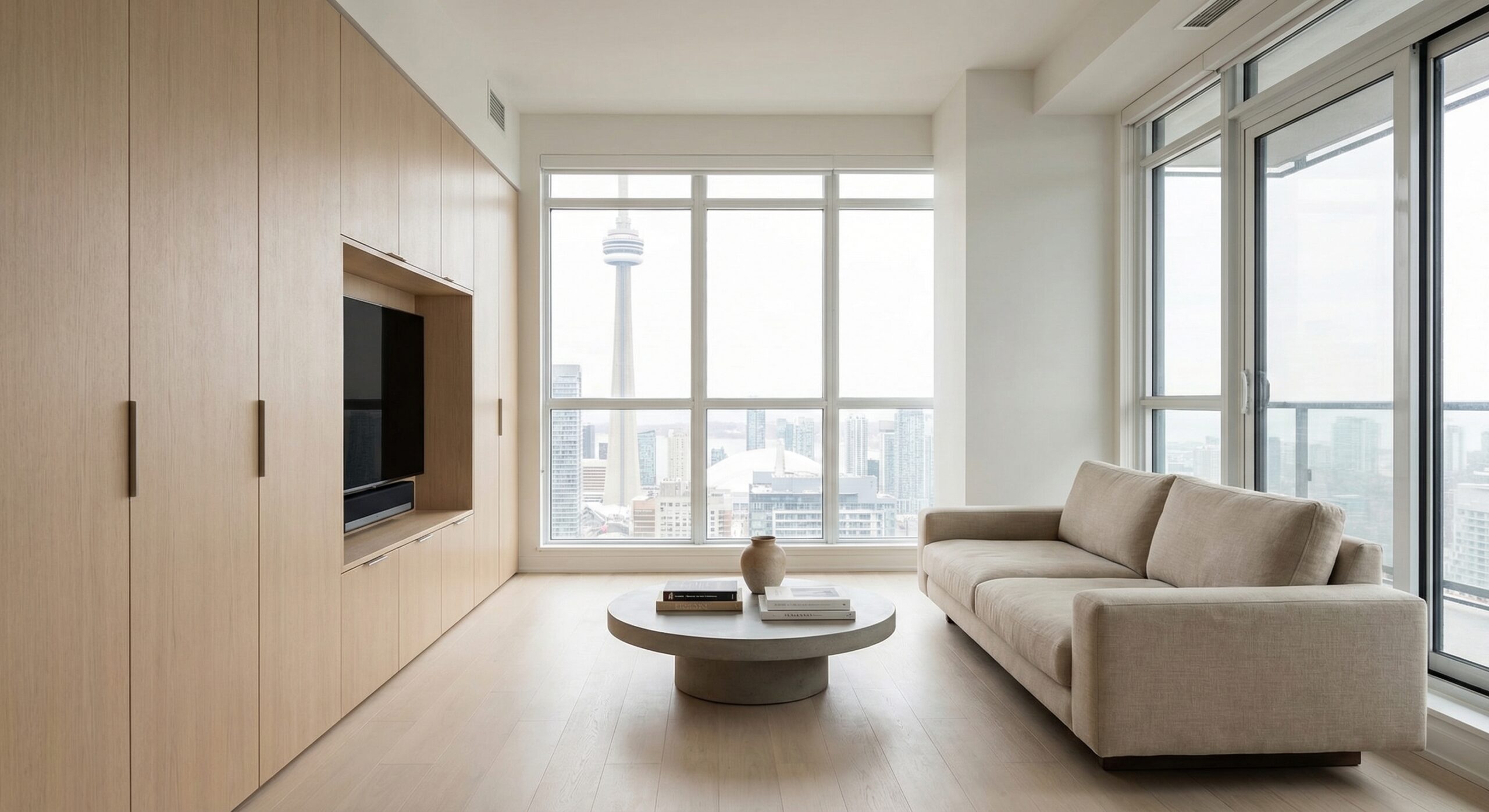 Minimalist furniture ideas in a Toronto condo with custom white oak built-ins and hidden storage
