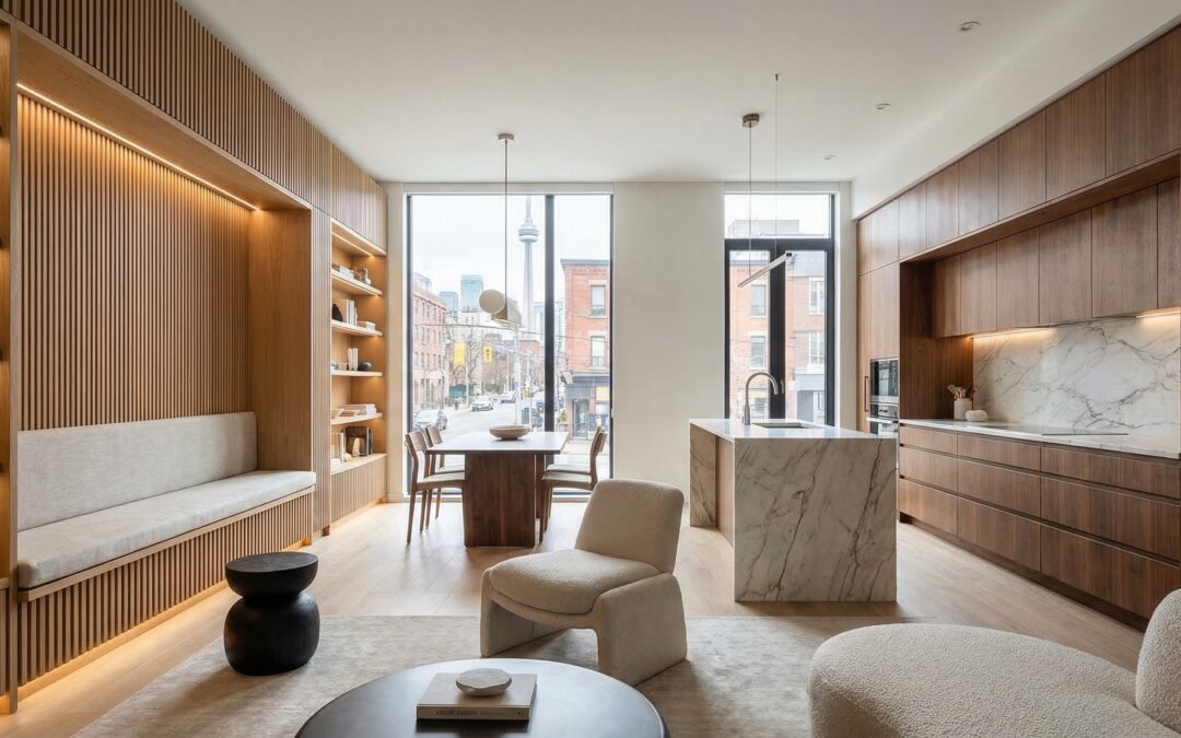 modern millwork designs installed as custom wall paneling and cabinetry in a Toronto interior