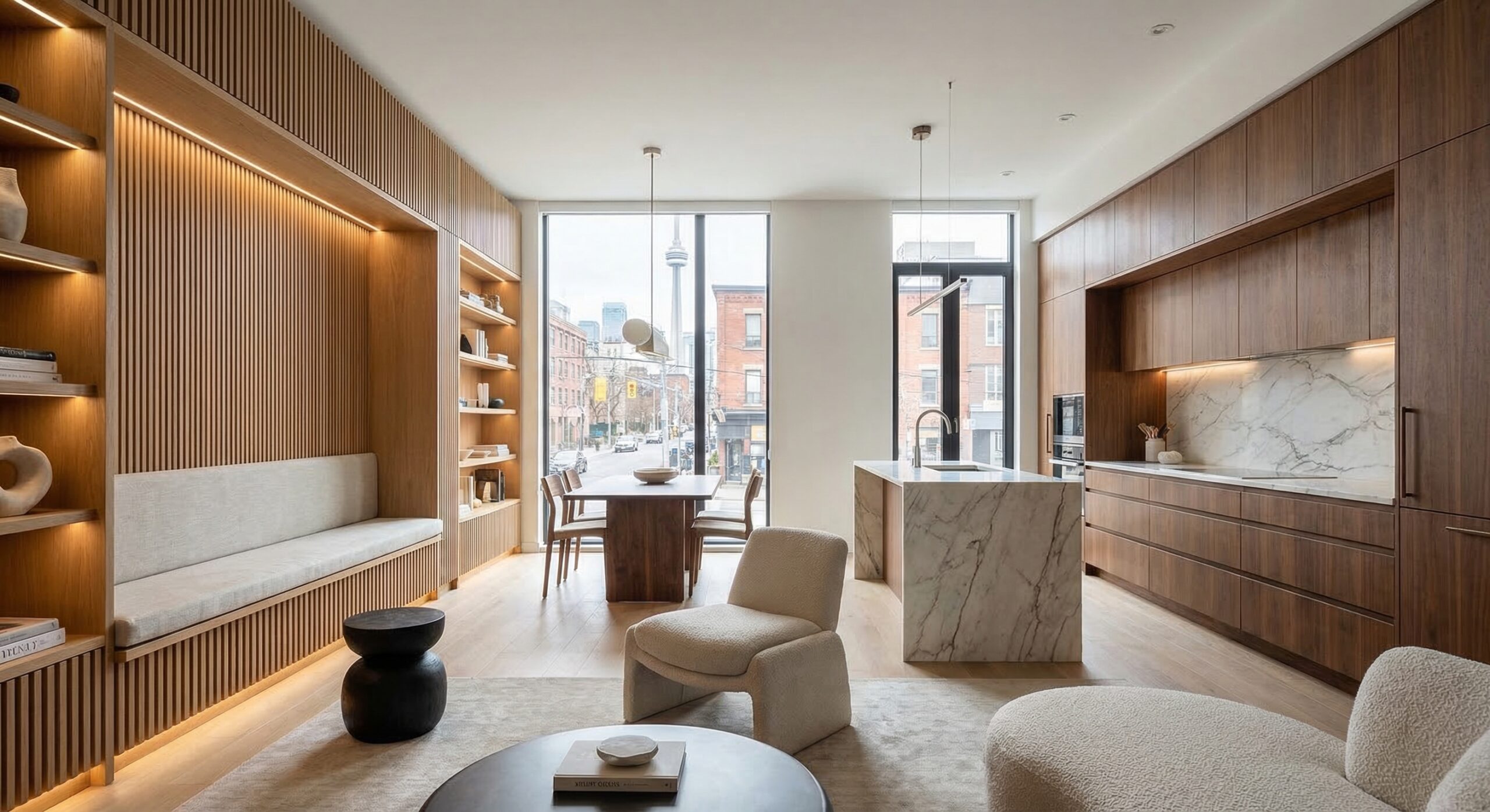 modern millwork designs installed as custom wall paneling and cabinetry in a Toronto interior