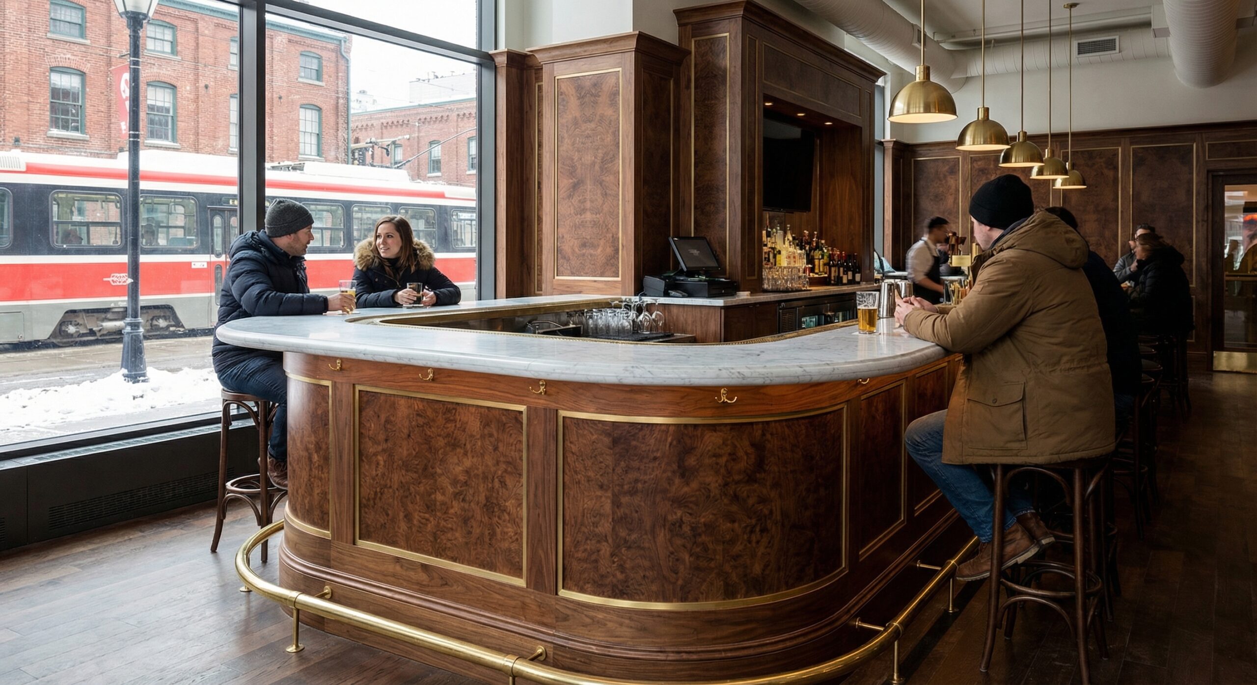 pony bar with custom walnut veneer millwork, brass details, and marble bar top in Toronto