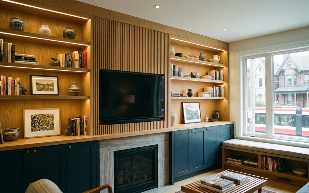 custom millwork in Toronto with built-in cabinetry, white oak shelving, and integrated lighting