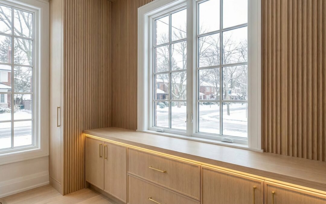 architectural woodwork detail showing custom millwork wall paneling and built-in cabinetry in Toronto