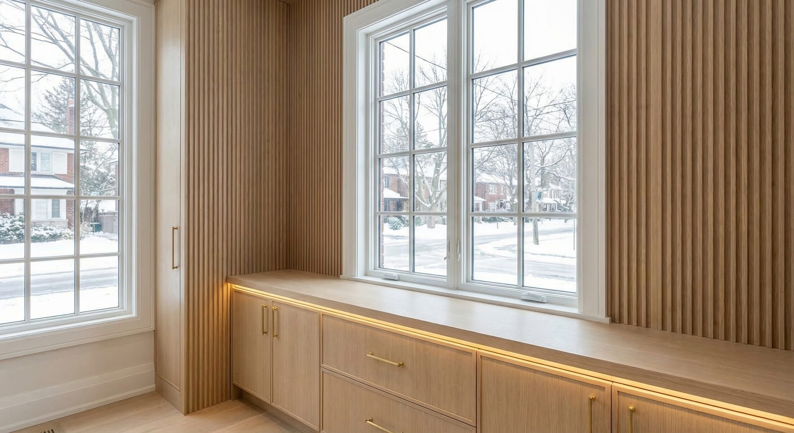 architectural woodwork detail showing custom millwork wall paneling and built-in cabinetry in Toronto