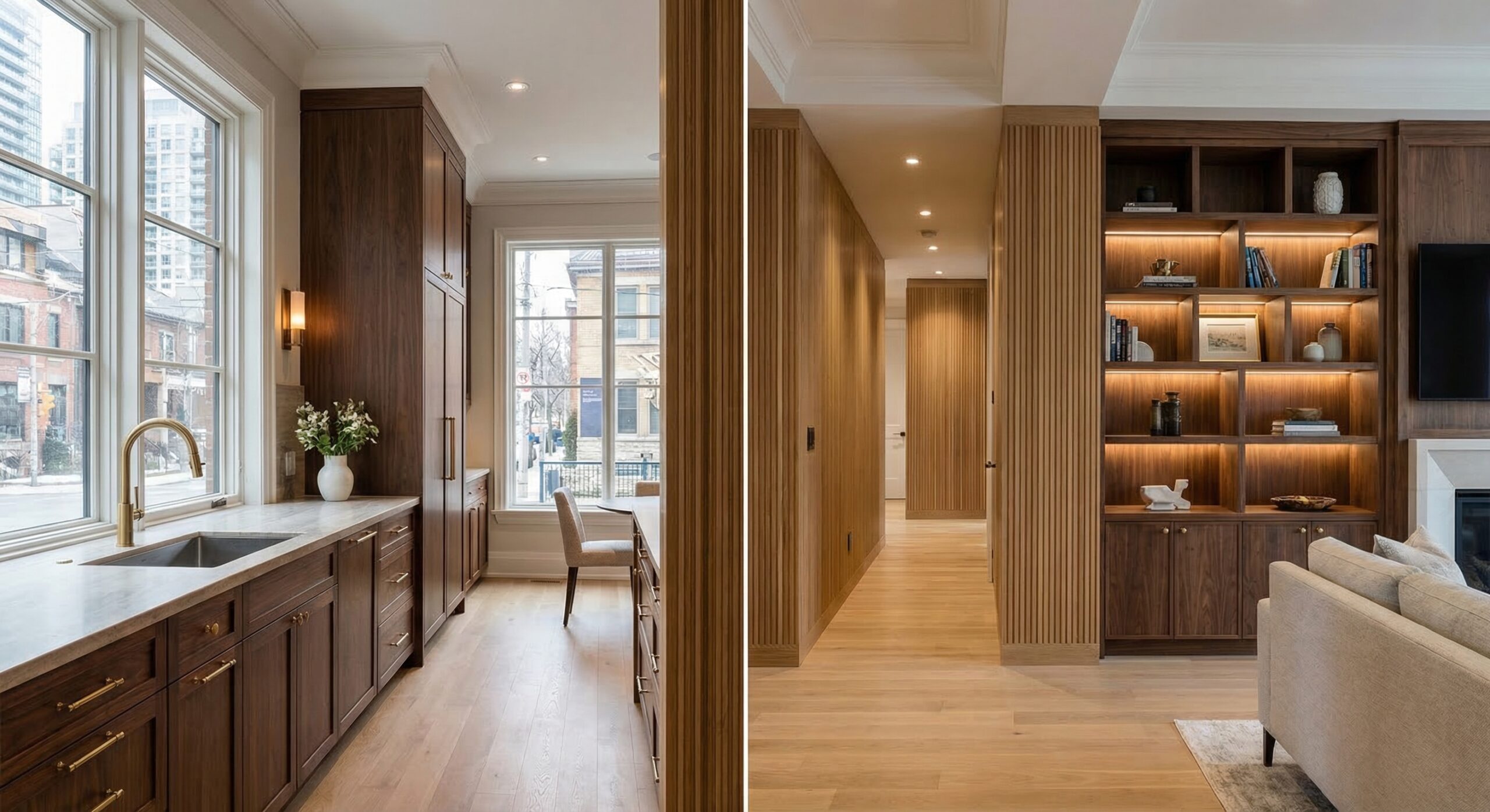 architectural millwork services for a Toronto interior featuring custom cabinetry, wall panelling, and built-in shelving