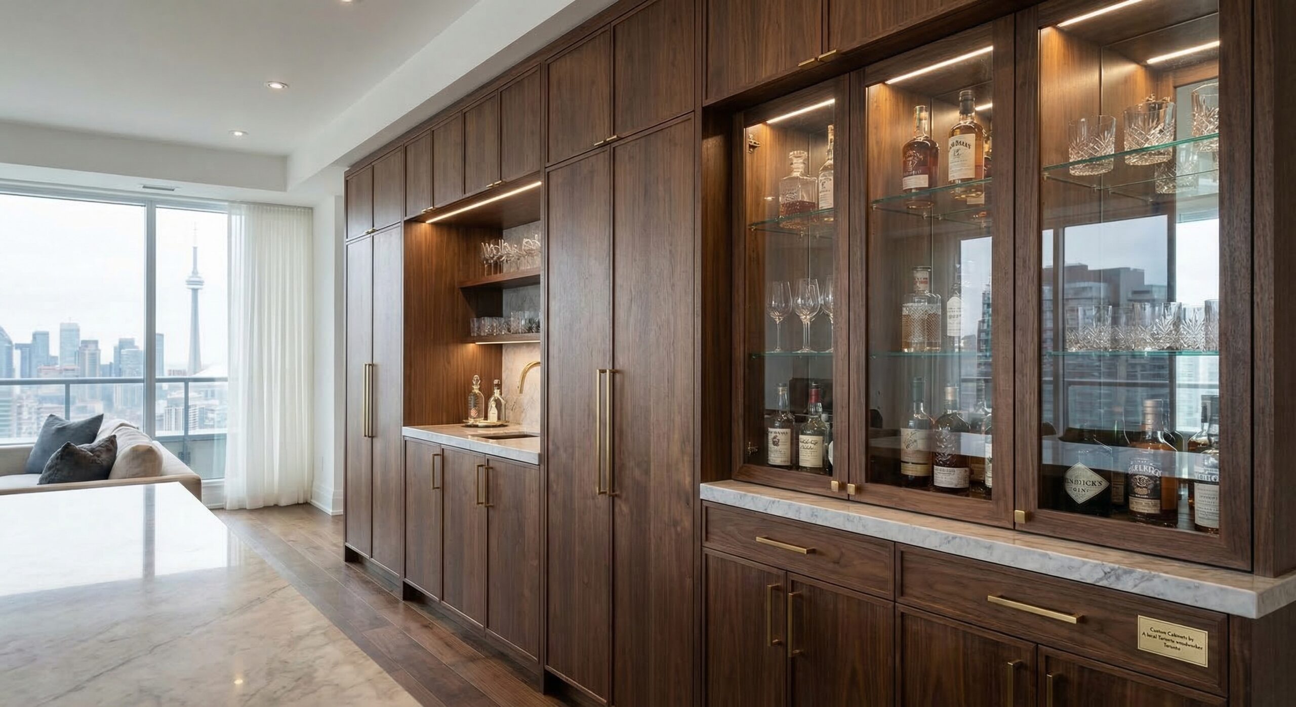 Luxury built-in storage wall and bar cabinetry in Toronto showcasing luxury custom cabinetry toronto craftsmanship