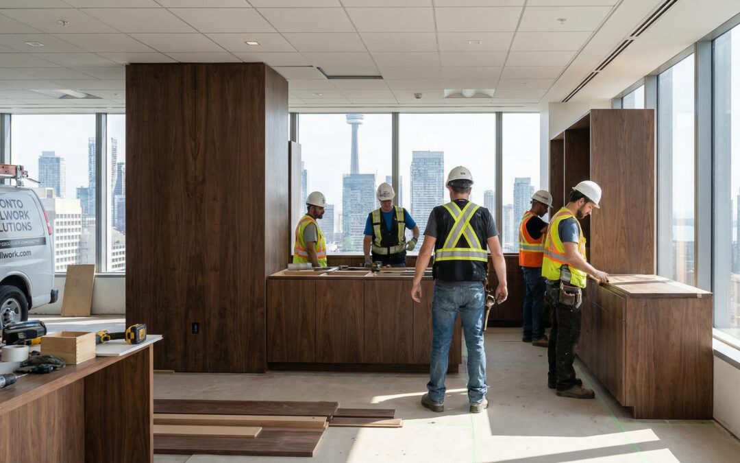 commercial millwork contractors installing custom walnut millwork in a modern Toronto office