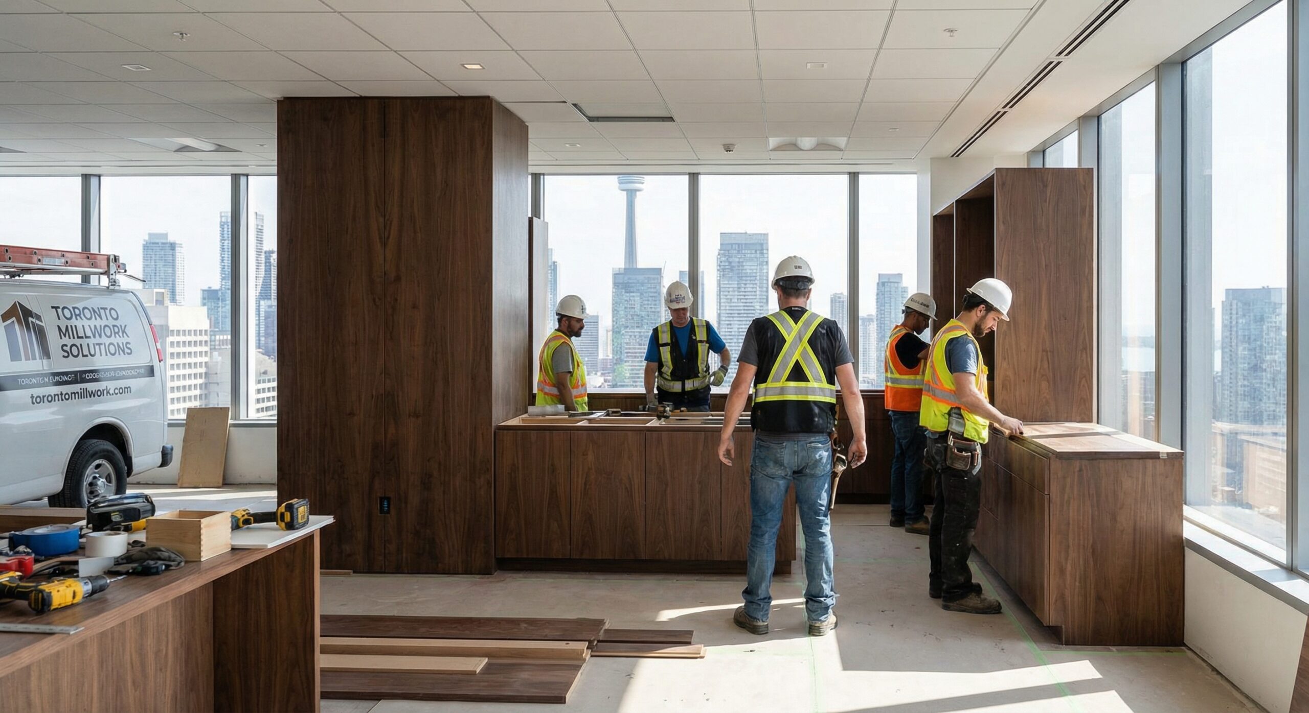 Professional Custom Millwork for Modern Toronto Homes and Offices commercial millwork contractors installing custom walnut millwork in a modern Toronto office