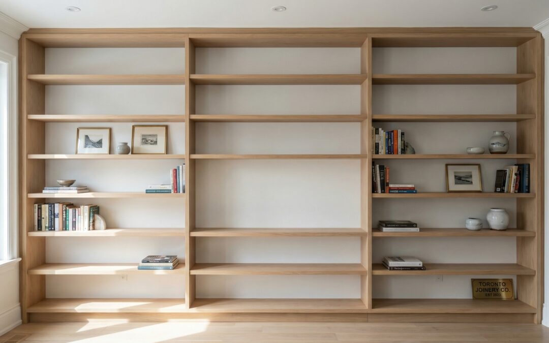 Custom built in shelving toronto installed as seamless wall-to-wall millwork with white oak shelving and concealed hardware