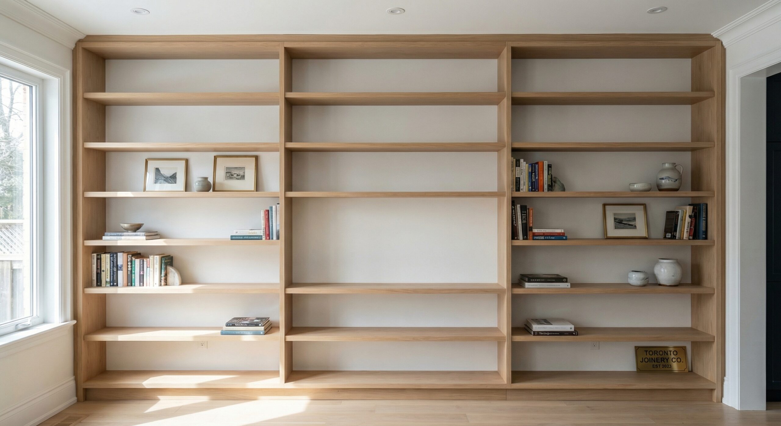 Precision Custom Millwork and Architectural Woodwork for Toronto Interiors Custom built in shelving toronto installed as seamless wall-to-wall millwork with white oak shelving and concealed hardware
