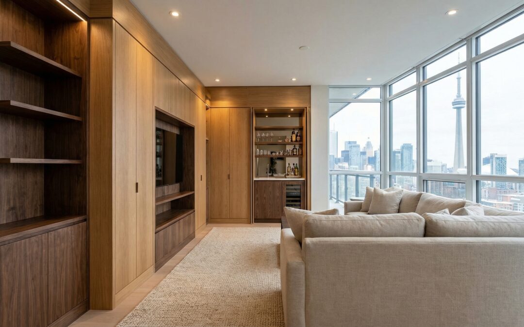 millwork design in a Toronto condo with custom built-in cabinetry and architectural wood paneling