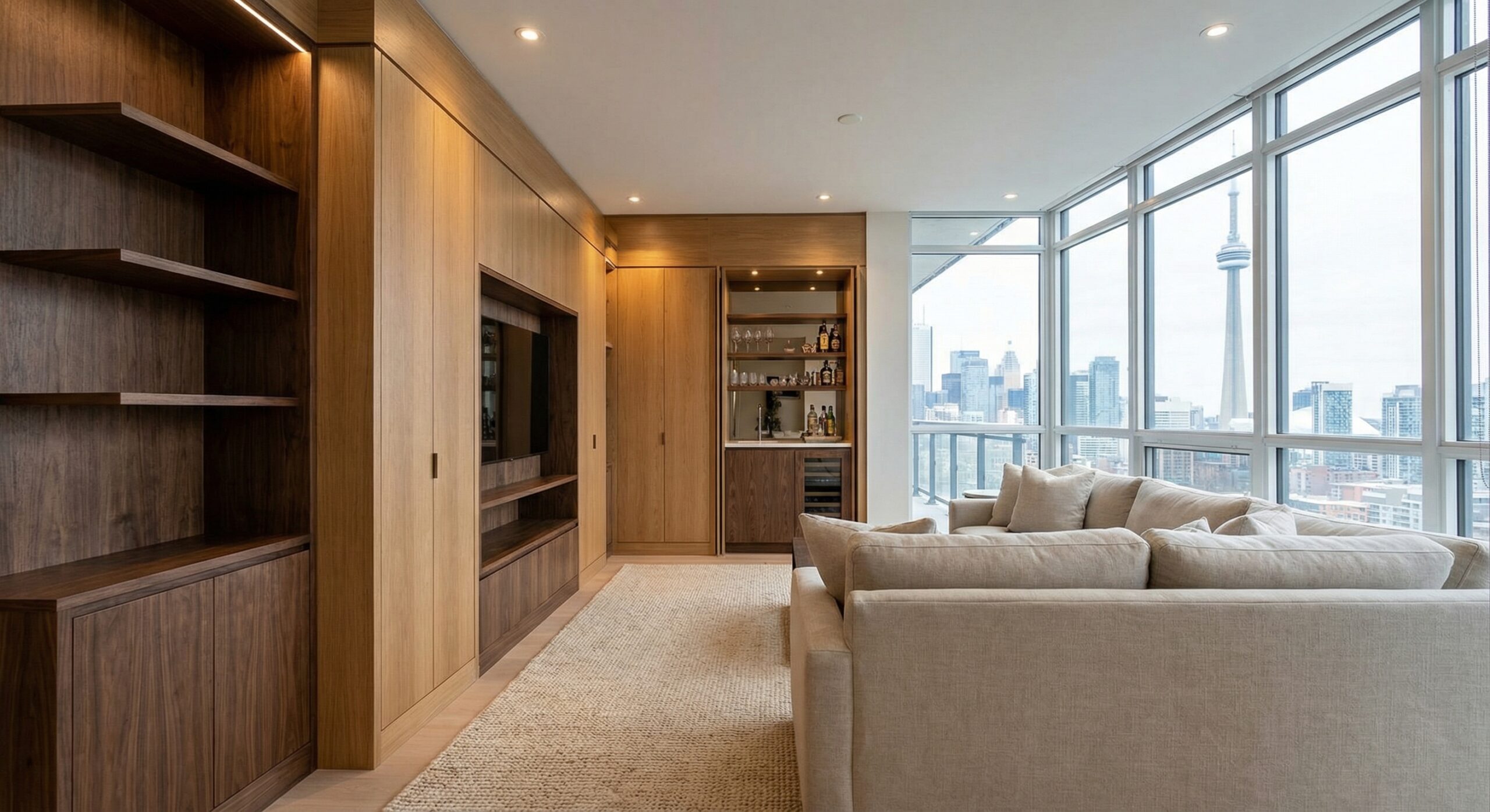 Custom Millwork and Architectural Woodworking for Toronto Properties millwork design in a Toronto condo with custom built-in cabinetry and architectural wood paneling