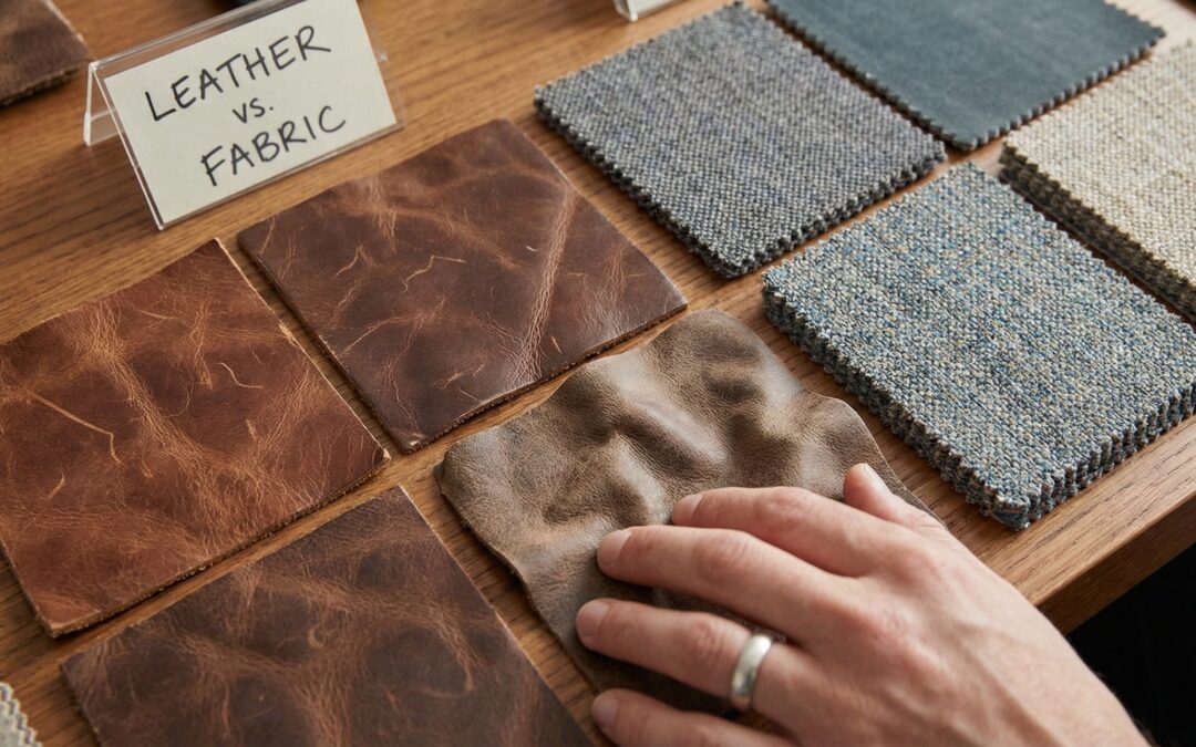 Close-up of upholstery swatches to compare leather sofas vs fabric sofas for durability and comfort