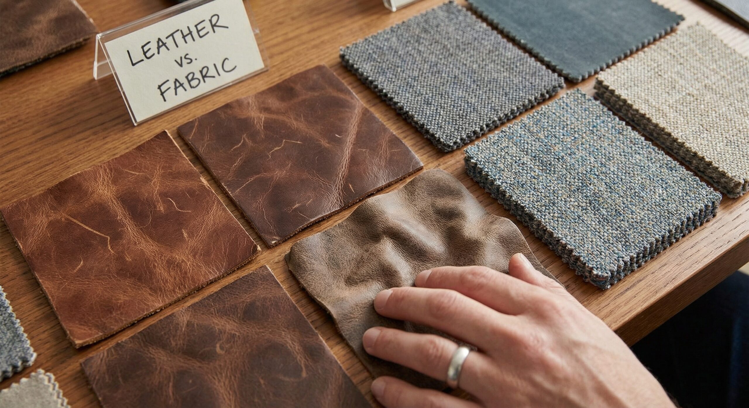 Close-up of upholstery swatches to compare leather sofas vs fabric sofas for durability and comfort