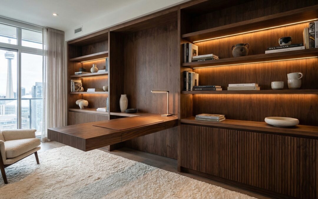 luxury custom furniture gta custom built-in millwork wall with shelves, closed storage, and integrated desk in a Toronto condo